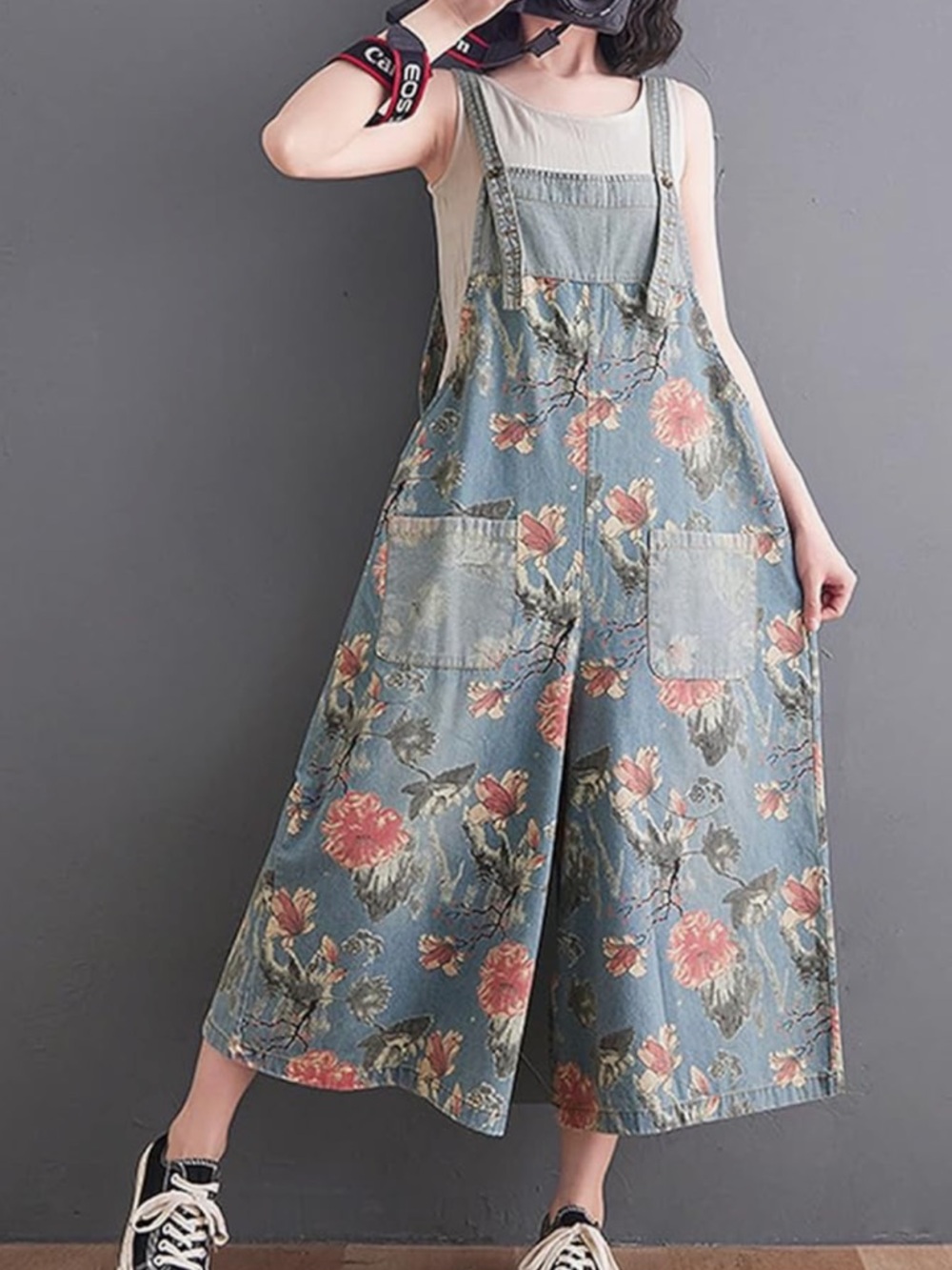 Floral Boho Wide-Leg patchwork Overalls - Blue